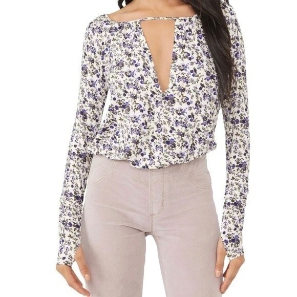 NWT Free People Kaya Floral Cutout Long Sleeve Bodysuit Cream & Purple Size XS - Picture 16 of 16
